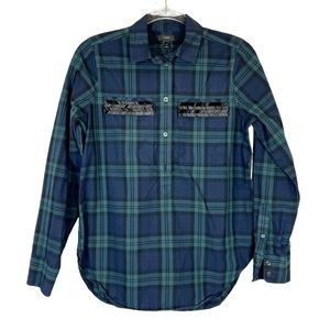 EUC J. Crew Blackwatch Plaid Chevron Beaded Popover Blouse